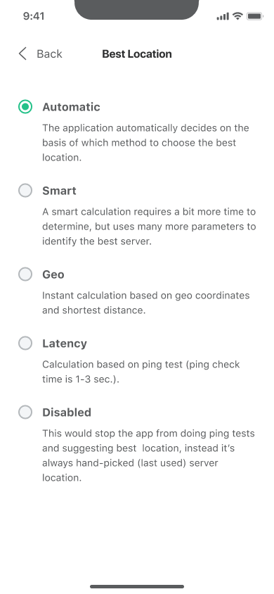 Screenshot of the PrivadoVPN Best Locations settings screen on iOS.