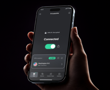 A closeup of a hand holding an iPhone with the PrivadoVPN app on the screen.