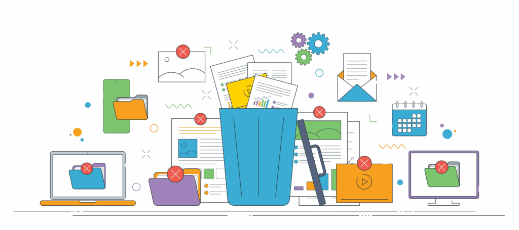 A variety of cartoon representations of files, calendars, gears, etc. They are all being put in a blue trash can.