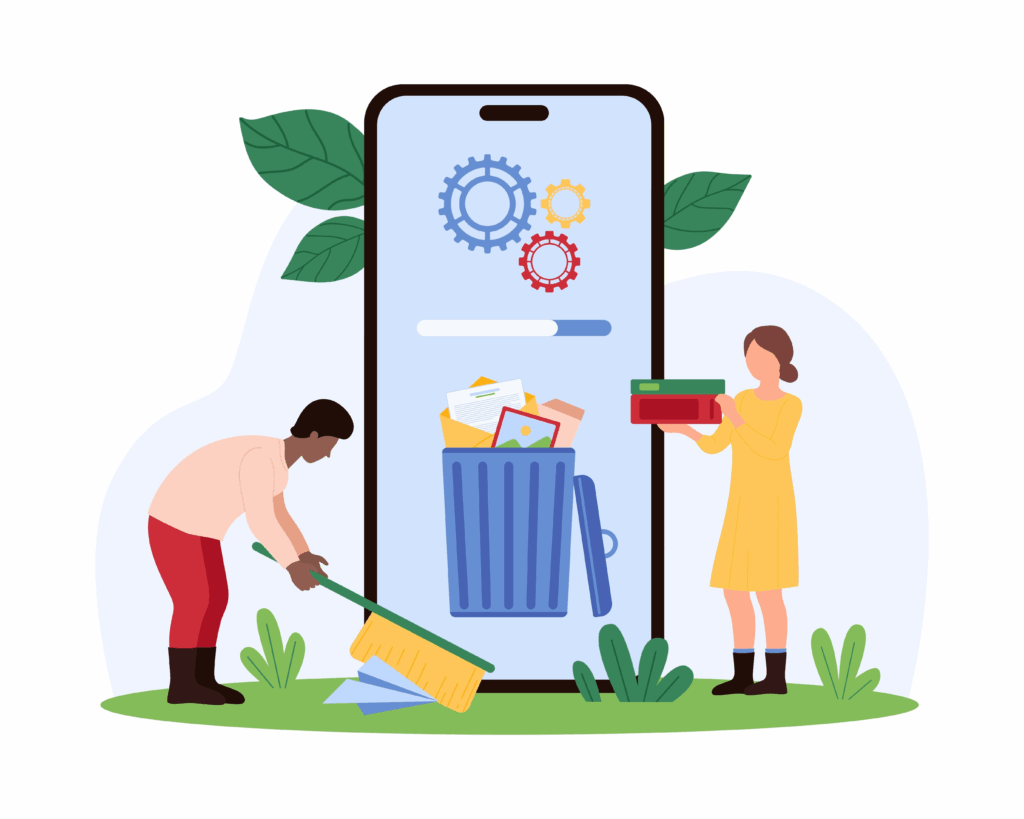 A cartoon of a man and a woman in front of a giant cellphone. They are cleaning with brooms and dustpans and depositing the trash in a trashcan on the phone itself.