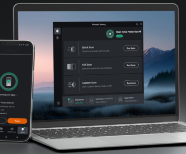 A laptop and a phone on a grey background. Both have versions of the Privado Sentry app running on them.