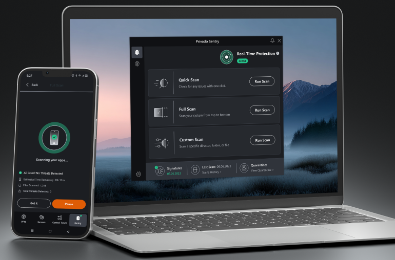 A laptop and a phone on a grey background. Both have versions of the Privado Sentry app running on them.